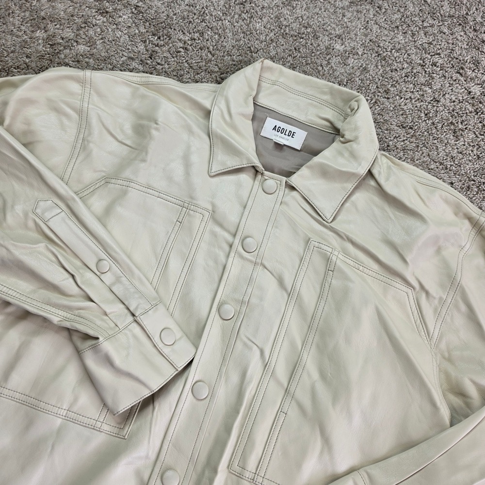 AGOLDE Utility Vegan Leather Shirt Womens L Beige Oversized Shacket A7092-1287